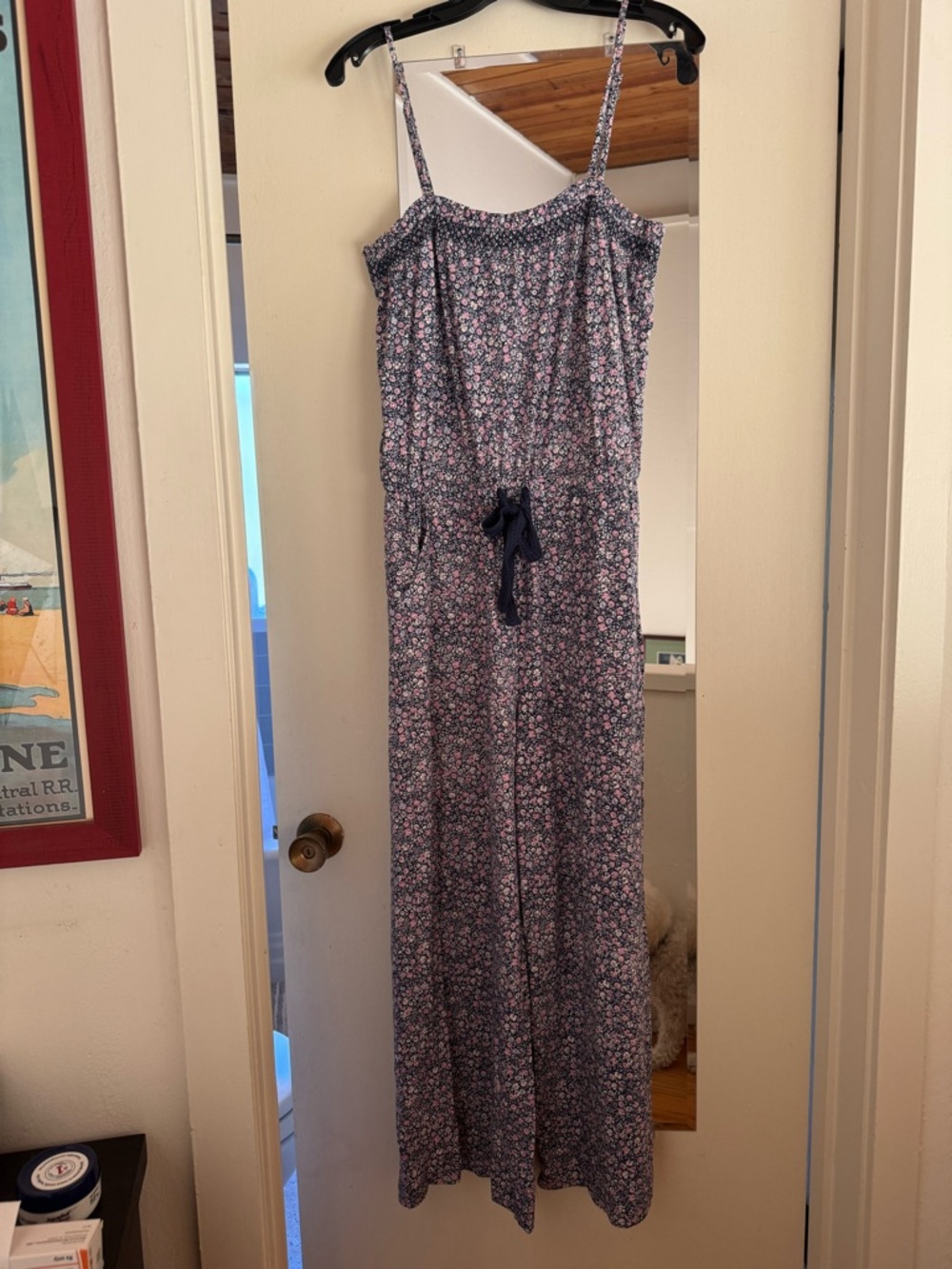 Floral Navy Spaghetti-Strap Jumpsuit with Drawstring Waist